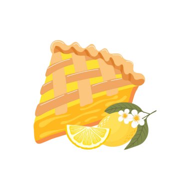 Limonlu, çiçekli ve limonlu fırında limonlu turta. Yemek, tatlı, tatlı. Düz Çizim