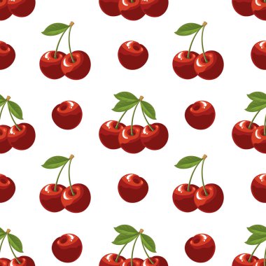 Beyaz arka planda kirazlı ve yapraklı kusursuz desen. Meyve arkaplanı, ambalaj illüstrasyonu