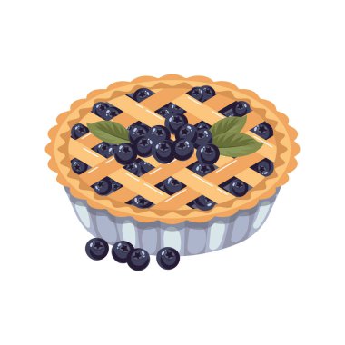 Böğürtlen ve yabanmersini yapraklı fırında yaban mersini turtası. Yemek, tatlı, tatlı. Düz Çizim