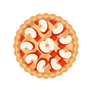 Elma dilimli fırında elmalı turta, üst manzara. Geleneksel bayram yemeği, tatlı, tatlı. Düz Çizim