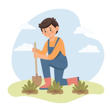 Kürekli çocuk bir bitkiyle ilgileniyor. Baharda sevimli bir bahçıvan. Sevimli düz biçim illüstrasyonu.