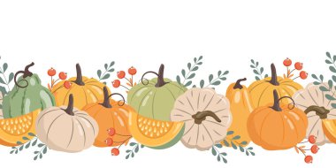 Sonbahar balkabakları ve orman yaprakları ve yatay dikişsiz böğürtlenler. Karşılama için sezonluk sonbahar pankartı tasarımı. Görüntü