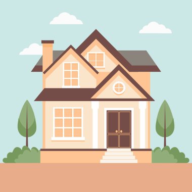 Yeşil ağaçların ve çalıların arasında rahat bir kır evi. Kırsal alanda rahat bir kır evi. Düz biçim illüstrasyonu