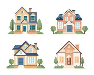 Konforlu kır evleri. Köy kulübeleri koleksiyonu. Düz stil mimari çizimi