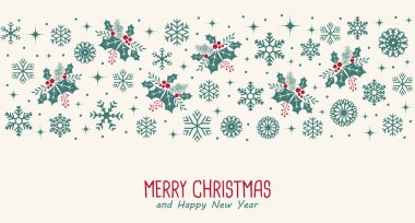 Kar taneleri, çam dalları ve kutsal böğürtlenli klasik Noel arkaplanı. Mutlu Noeller ve mutlu yıllar tebrik kartı. Görüntü