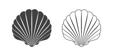 Deniz kabuğu logosu. İzole edilmiş siluet ve beyaz bir arkaplanda deniz tarağı çizimi. 