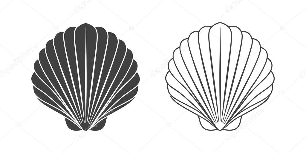 Scallop seashell logo. Isolated silhouette and contour drawing of a scallop on a white background.