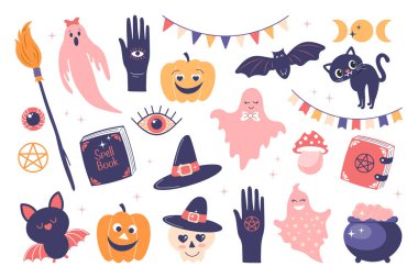 Cadılar Bayramı elementleri. Balkabakları, büyü kitabı, korkunç kara kedi, yarasa, hayaletler, cadı şapkası. Düz biçim illüstrasyonu