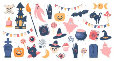 Cadılar Bayramı elementleri. Balkabakları, büyü kitabı, korkunç kedi, yarasa, hayaletler, cadı şapkası. Düz biçim illüstrasyonu