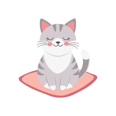 Şirin kedi. Yastıktaki sevimli gri tekir kedicik. Düz biçim illüstrasyon, kartpostal