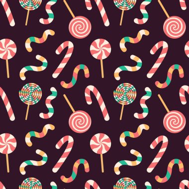 Şekerlerin kusursuz deseni. Karamel çubuğu, lolipop, arka planda şeker kamışı. Tatil dokusu, putlaştırma tasarımı