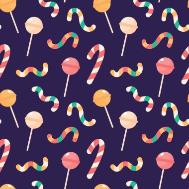 Şekerlerin kusursuz deseni. Karamel çubuğu, lolipop, arka planda şeker kamışı..