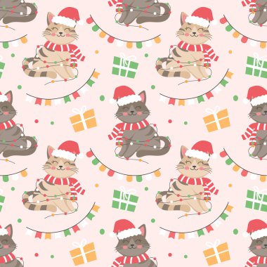 Noel Baba şapkalı şirin Noel kedileri, çelenkler, hediyeler ve bayraklar. Tatil illüstrasyonu, arkaplan