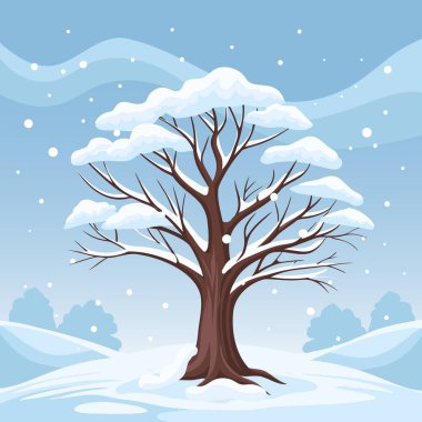 Kış ağacı kış manzarasının arka planında karla kaplıdır. Görüntü.