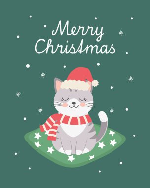Noel Baba şapkası ve atkısı olan sevimli bir kedi. Noel kartı tasarımı şablonu. Düz Çizim