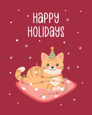 Parti şapkası ve ışıklı çelengi olan sevimli bir kedi. Noel kartı tasarımı şablonu. Düz Çizim