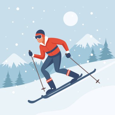 Dağ manzarasında kayak yapan erkek karakter. Kış sporu, açık hava sporları. Düz Çizim