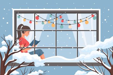Kış penceresinde kitap okuyan bir kadın. Yeni yıl ve Noel geçmişi. Kitapçı, kütüphane, kitapçı için samimi kış illüstrasyonu.