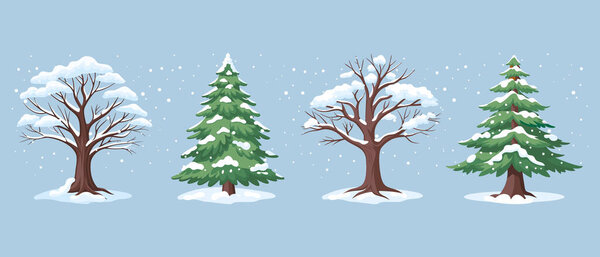 Set of winter trees and firs covered with snow on a blue background. Winter forest plants with snow on the branches. Illustration.