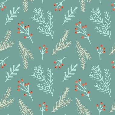 Noel ağacı dalları ve yaban mersinli kusursuz desen. Noel arkaplanı. Görüntü.