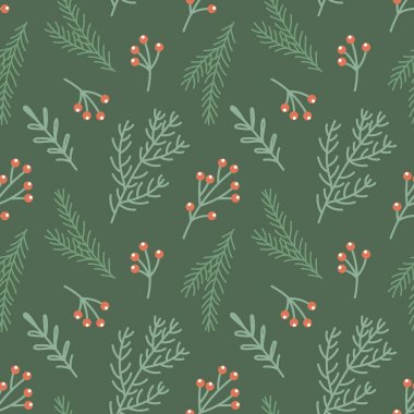 Noel ağacı dalları ve yaban mersinli kusursuz desen. Noel arkaplanı. Görüntü.