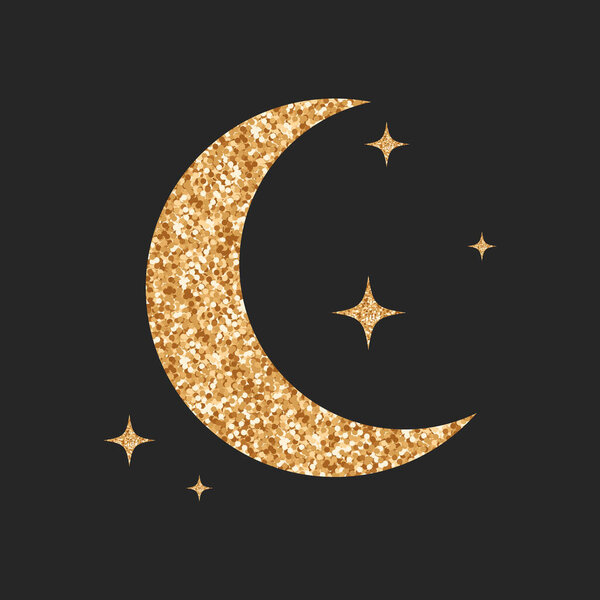 Crescent moon with stars. Gold glitter texture. Moon and stars icon. Sparkle luxury style illustration.