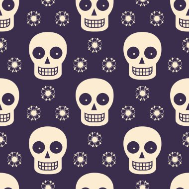 Şekerli kafatasları ve koyu arkaplanda çiçekleri olan kusursuz bir desen. Ölü bayram geçmişi. Görüntü