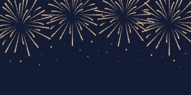 Havai fişek arka planı. Koyu arkaplanda altın havai fişekler. Şenlikli illüstrasyon.