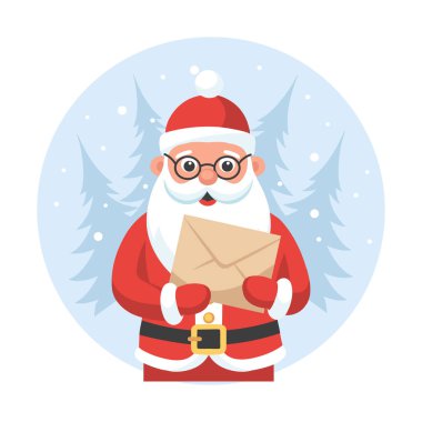 Kış manzarasının arka planında elinde bir mektupla sevimli Noel Baba. Düz bir şekilde Noel illüstrasyonu.