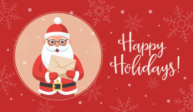 Elinde kar tanelerinin arka planında bir mektup olan sevimli Noel Baba. Noel ve Yeni Yıl tebrik kartı. Düz biçim illüstrasyonu.