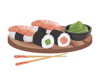 Ahşap tepside wasabi soslu suşi ve rulo. Asya mutfağı. Görüntü