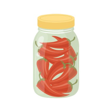 Cam kavanozda kırmızı biber turşusu. Konserve sebze. Beyaz bir arkaplanda resim.