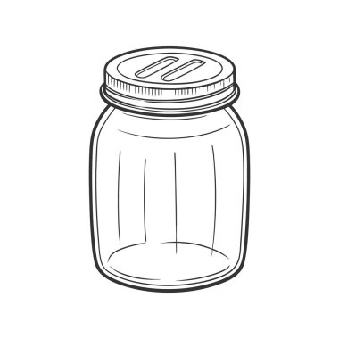 Beyaz arka planda kapağı olan cam kavanoz. Tek renkli illüstrasyon, taslak.