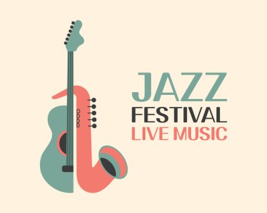 Gitarlı ve saksafonlu müzik festivali için caz poster şablonu. Olay ilanı tasarımı. Retro biçim illüstrasyonu