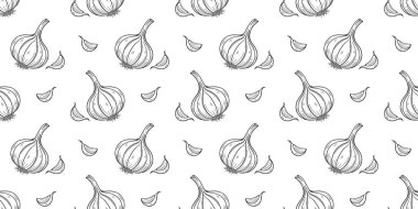 Beyaz arka planda elle çizilmiş sarımsak soğanı ve karanfil deseni var. Sebze arka planı.