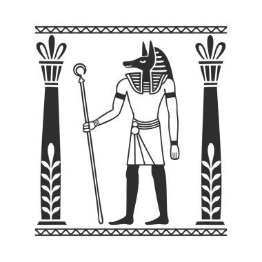 Antik Mısır tanrısı Anubis 'in asası var. Köpek kafalı bir tanrı. Ölüm Tanrısı. Tek renkli illüstrasyon