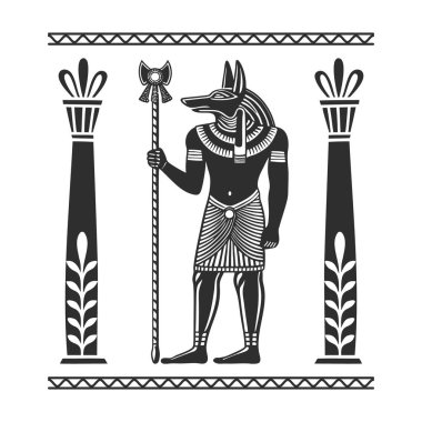 Ancient Egyptian god Anubis holds a staff. Deity with a dog head. God of death. Monochrome illustration clipart