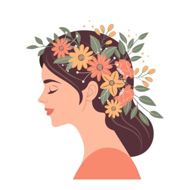 Kafasında çiçek çelengi olan güzel bir kadın. Saçında çiçekler olan bir kadının profili. Resim, kartpostal