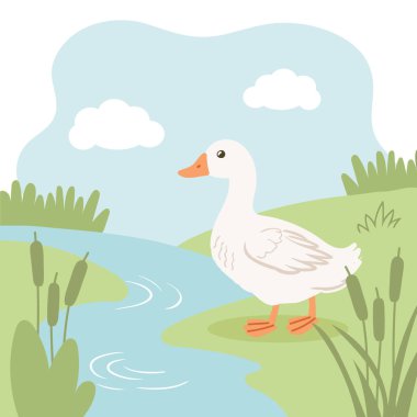 Nehir kıyısındaki çayırda çiçekli şirin bir ördek. Çocuklar için bahar resmi, kartpostal