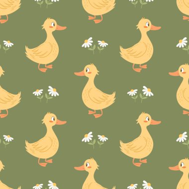 Beyaz arka planda sevimli ördek yavruları ve papatyaları olan kusursuz bir desen. Bebek kıyafetleri için arka plan. Yazdır