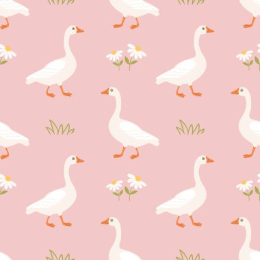 Pembe arka planda sevimli kazları ve papatyaları olan kusursuz bir desen. Çocuk kıyafetleri için arka plan. Yazdır