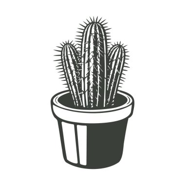Beyaz arka planda izole edilmiş bir tencerede kaktüs. İç tasarım için botanik öğesi. Tek renkli siyah beyaz illüstrasyon.