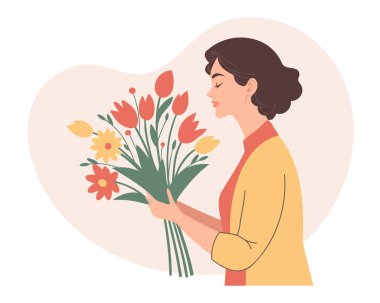 Elinde bir buket bahar çiçeği olan bir kadın. Anneler Günü konsepti. Düz stil ile tatil illüstrasyonu.