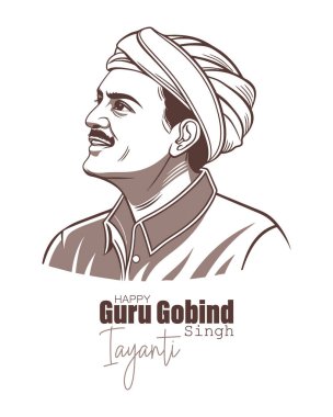 Guru Gobind Singh Jayanti kutlama kartı. Geleneksel türbanlı Hintli bir adamın portresi. Resim, poster.