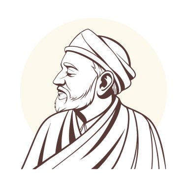 Geleneksel giysi ve türbanlı Müslüman bir adamın portresi. Yaşlı bir adam. Çizim, çizim.