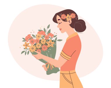 Elinde bir buket bahar çiçeği olan bir kadın. Anneler Günü ya da Kadınlar Günü konsepti. Düz stil ile tatil illüstrasyonu.