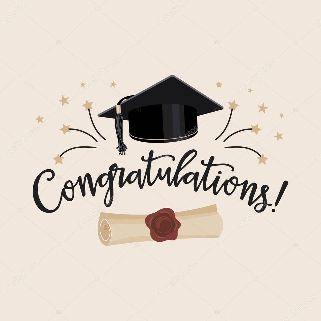 Congratulations on graduation design template, inscription with graduate's cap and certificate. Illustration, postcard.
