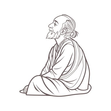 Yaşlı adam oturarak meditasyon yapar. Düşünceli bilge. Çizim, çizim.
