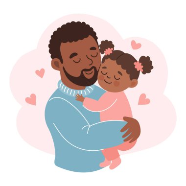 Küçük kızıyla birlikte mutlu bir Afrikalı Amerikalı baba. Aile ve Babalar Günü. Güzel karikatür çizimi.