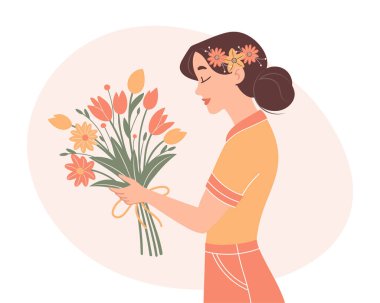 Elinde bir buket bahar çiçeği olan bir kadın. Anneler Günü ya da Kadınlar Günü konsepti. Düz stil ile tatil illüstrasyonu.